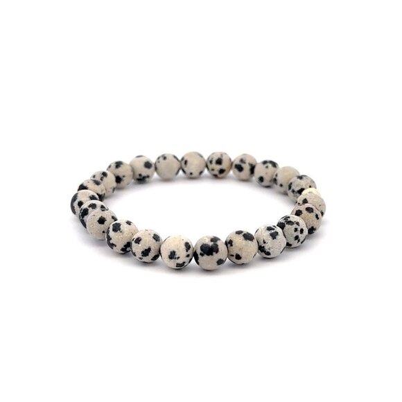 Natural Dalmatian Jasper 6mm Stretchable Bracelet 18k Gold Bead Charm - Picture 4 of 4